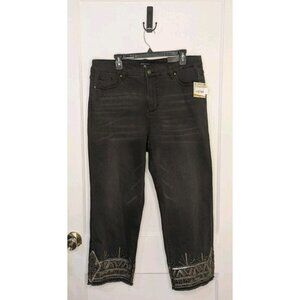 John Mark 16W Jeans Ash Black Wild Side Fancy Beads Sequin Raw Hem Straight $129